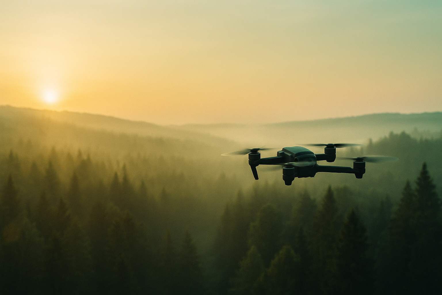 Cinematic FPV drone flying over a lush forest at sunrise